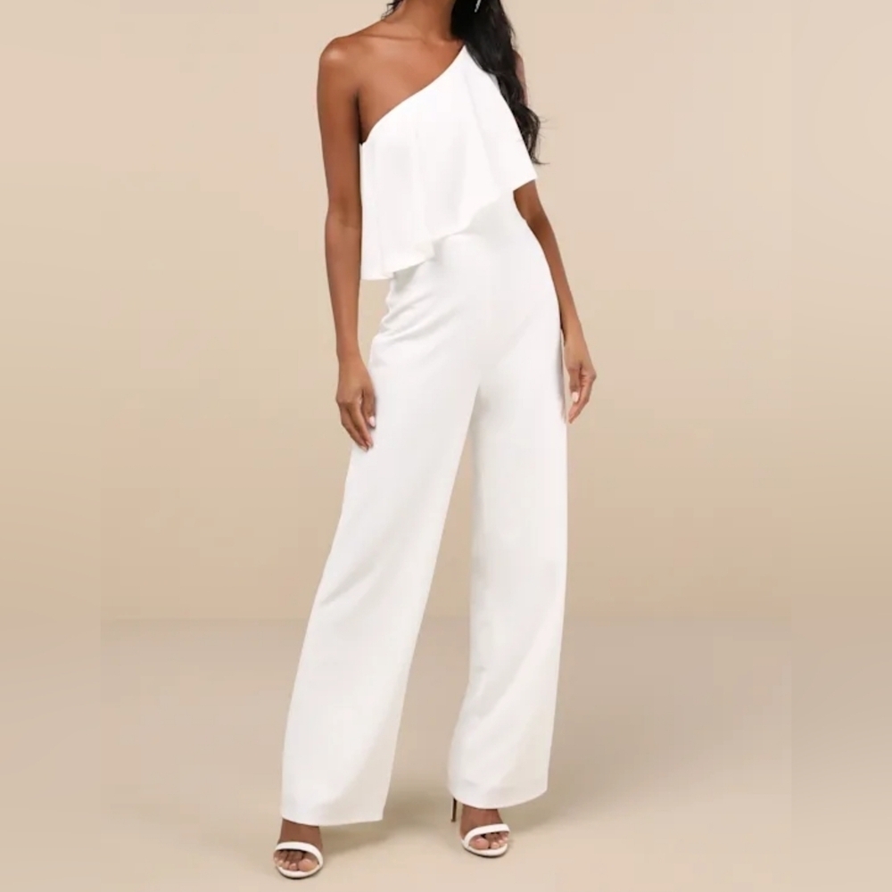 Lulus Flawless Vibes White One-Shoulder Tiered Wide-Leg Jumpsuit